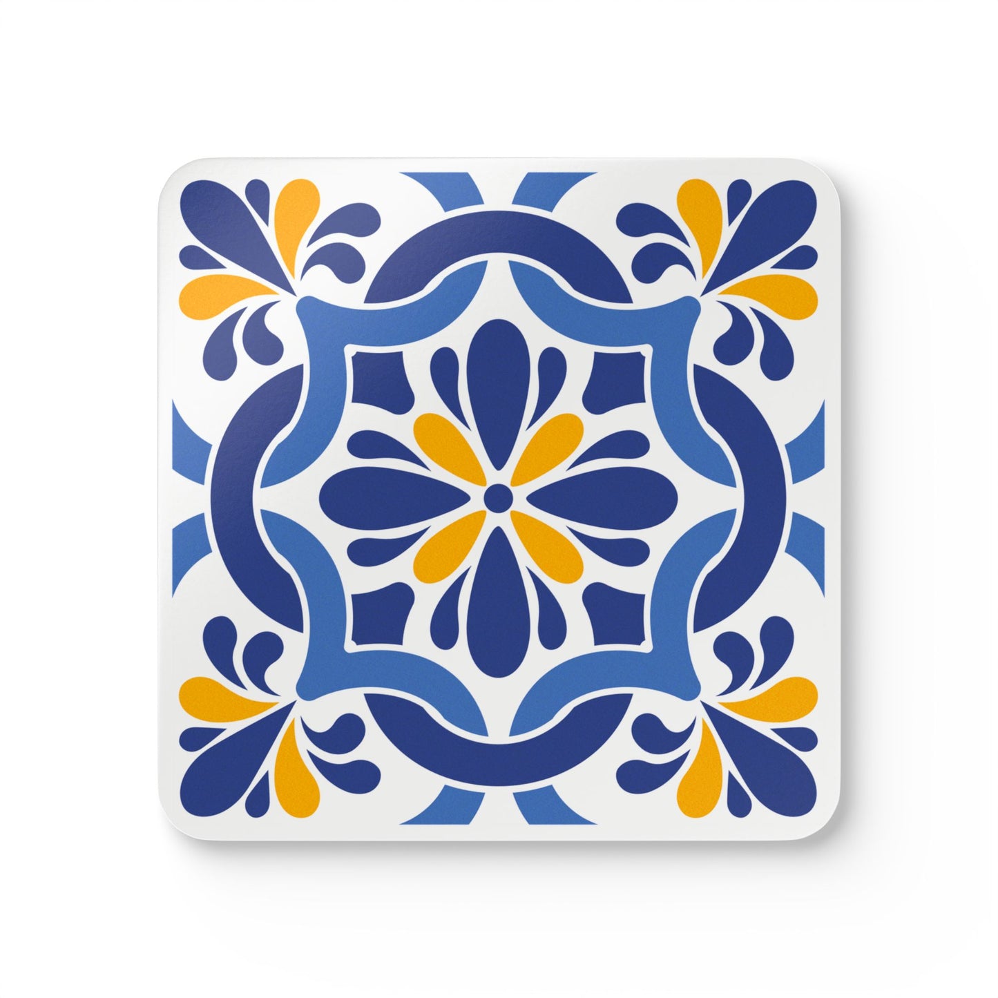 Mediterranean Tile Pattern Ceramic Coaster – Square Drink Coaster with Blue & Yellow Design and Cork Backing