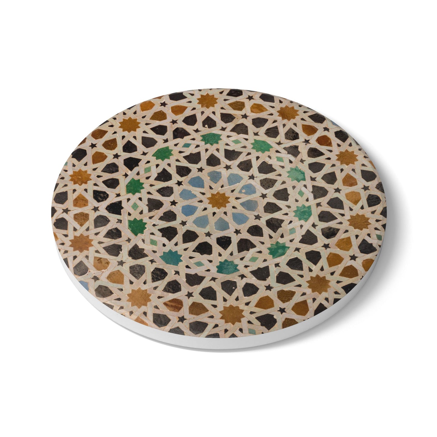 Arabesque Geometric Ceramic Coaster – Arab Tile Pattern Drink Coaster with Cork Backing