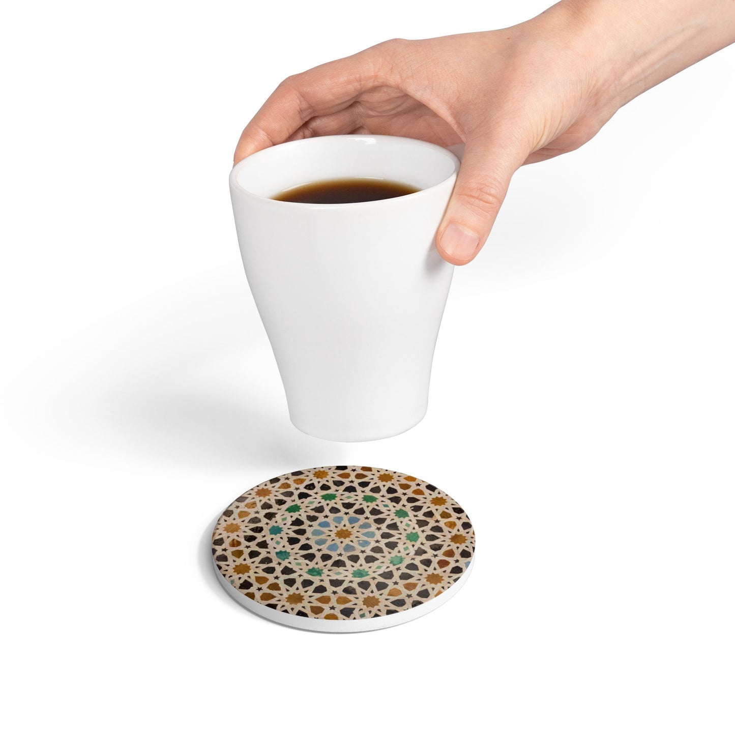 Arabesque Geometric Ceramic Coaster – Arab Tile Pattern Drink Coaster with Cork Backing