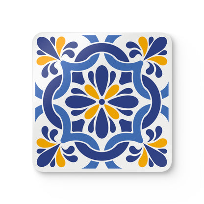 Mediterranean Tile Pattern Ceramic Coaster – Square Drink Coaster with Blue & Yellow Design and Cork Backing