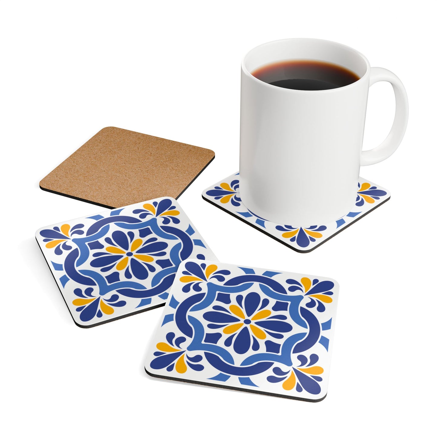 Mediterranean Tile Pattern Ceramic Coaster – Square Drink Coaster with Blue & Yellow Design and Cork Backing