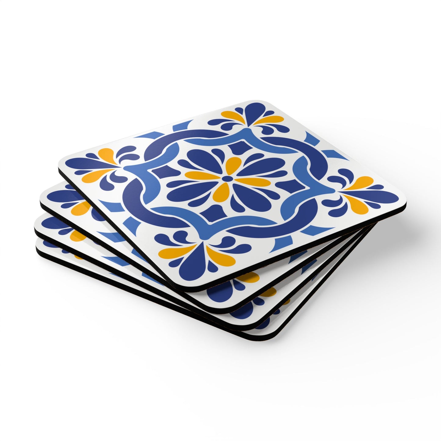 Mediterranean Tile Pattern Ceramic Coaster – Square Drink Coaster with Blue & Yellow Design and Cork Backing