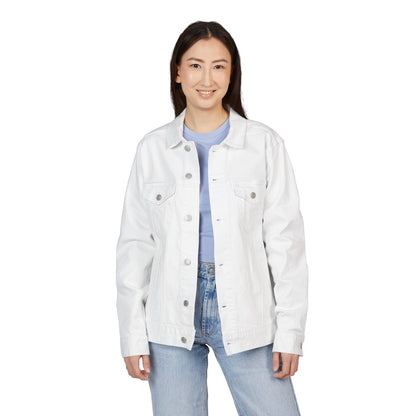 White Denim Jacket with Artistic Back Graphic – Unisex Streetwear Style