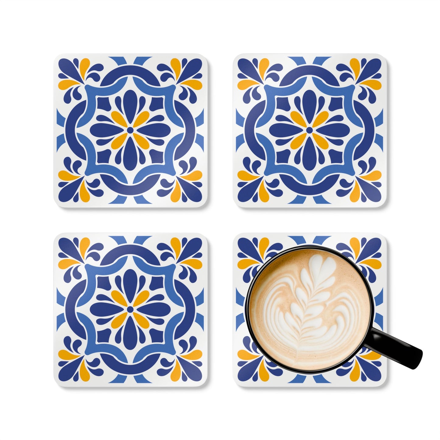 Mediterranean Tile Pattern Ceramic Coaster – Square Drink Coaster with Blue & Yellow Design and Cork Backing