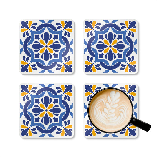 Mediterranean Tile Pattern Ceramic Coaster – Square Drink Coaster with Blue & Yellow Design and Cork Backing
