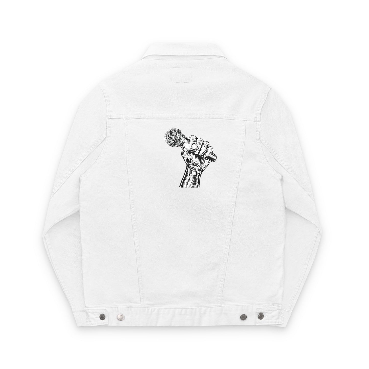 White Denim Jacket with Artistic Back Graphic – Unisex Streetwear Style