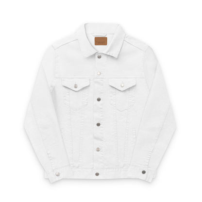 White Denim Jacket with Artistic Back Graphic – Unisex Streetwear Style