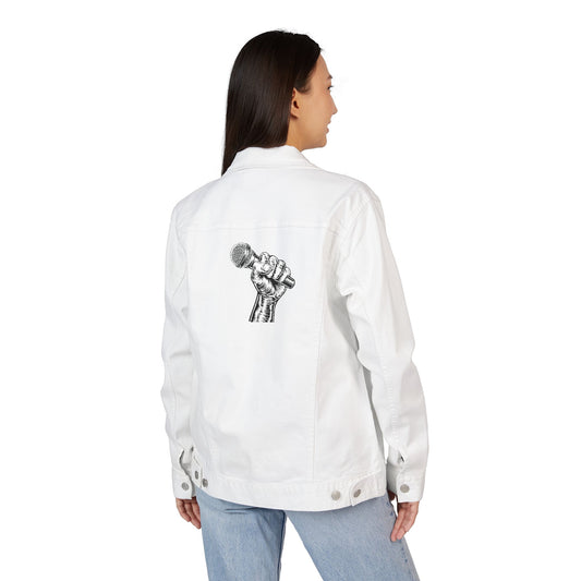 White Denim Jacket with Artistic Back Graphic – Unisex Streetwear Style